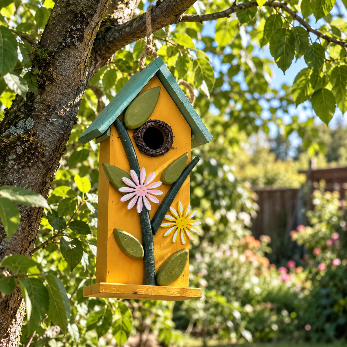 Hanging Birdhouse, Yellow with Blue Roof – 12.6 in Bird House