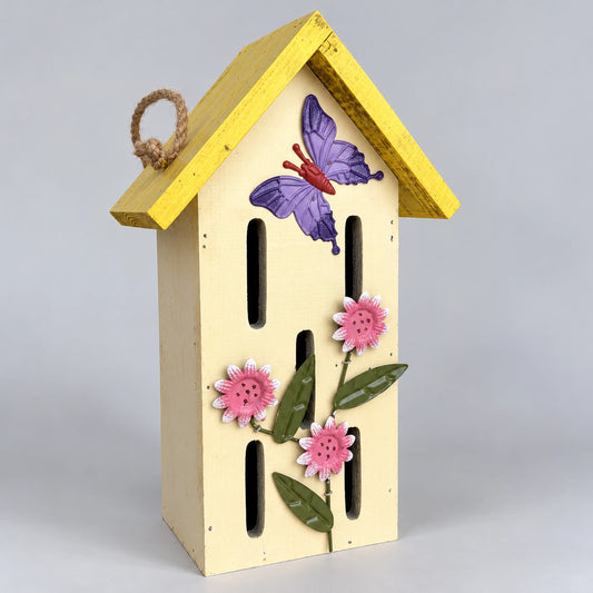 Wooden Butterfly House with Painted Butterfly & Flowers, Cream & Yellow, 30 cm