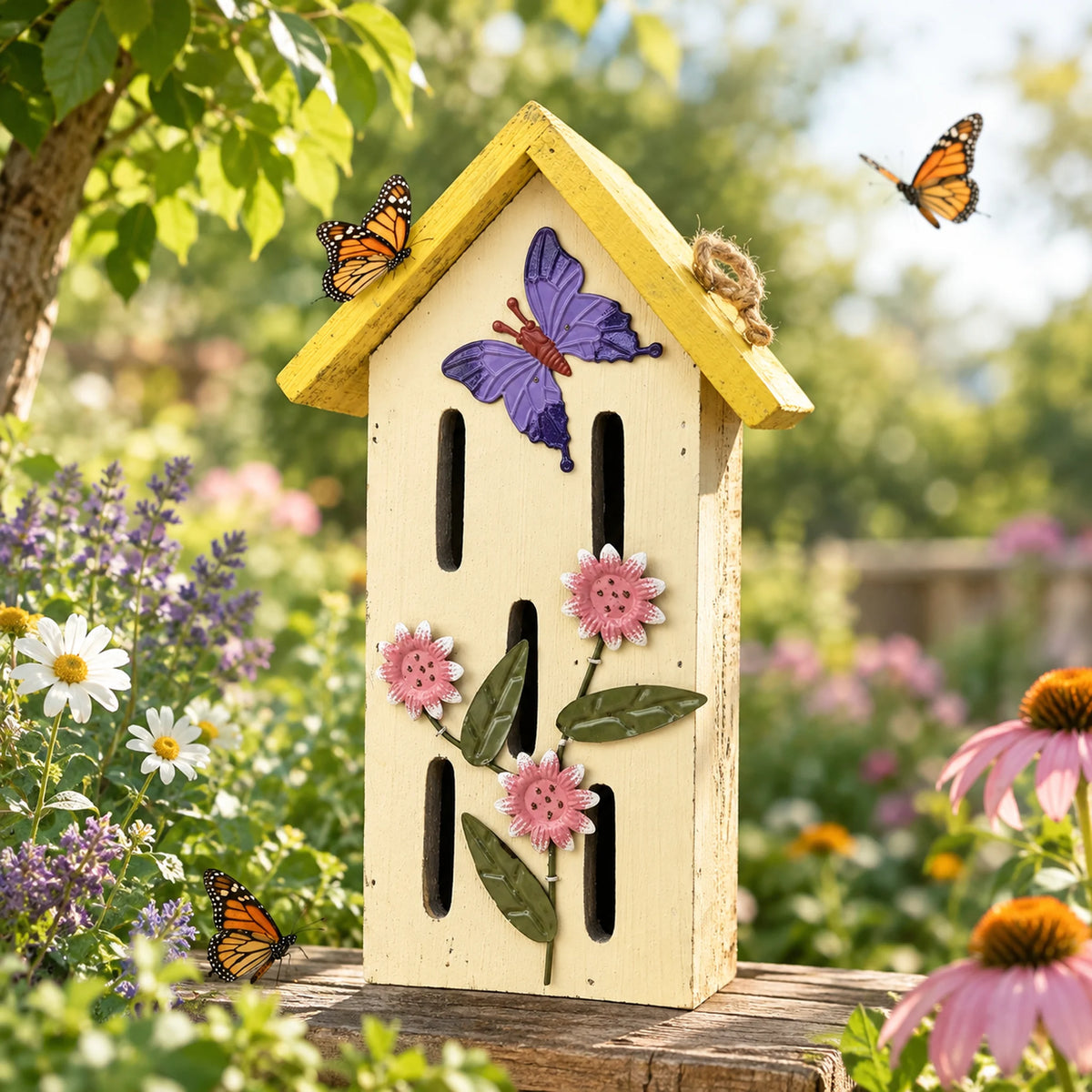 Wooden Butterfly House, White with Yellow Roof – 11.8 in Shelter