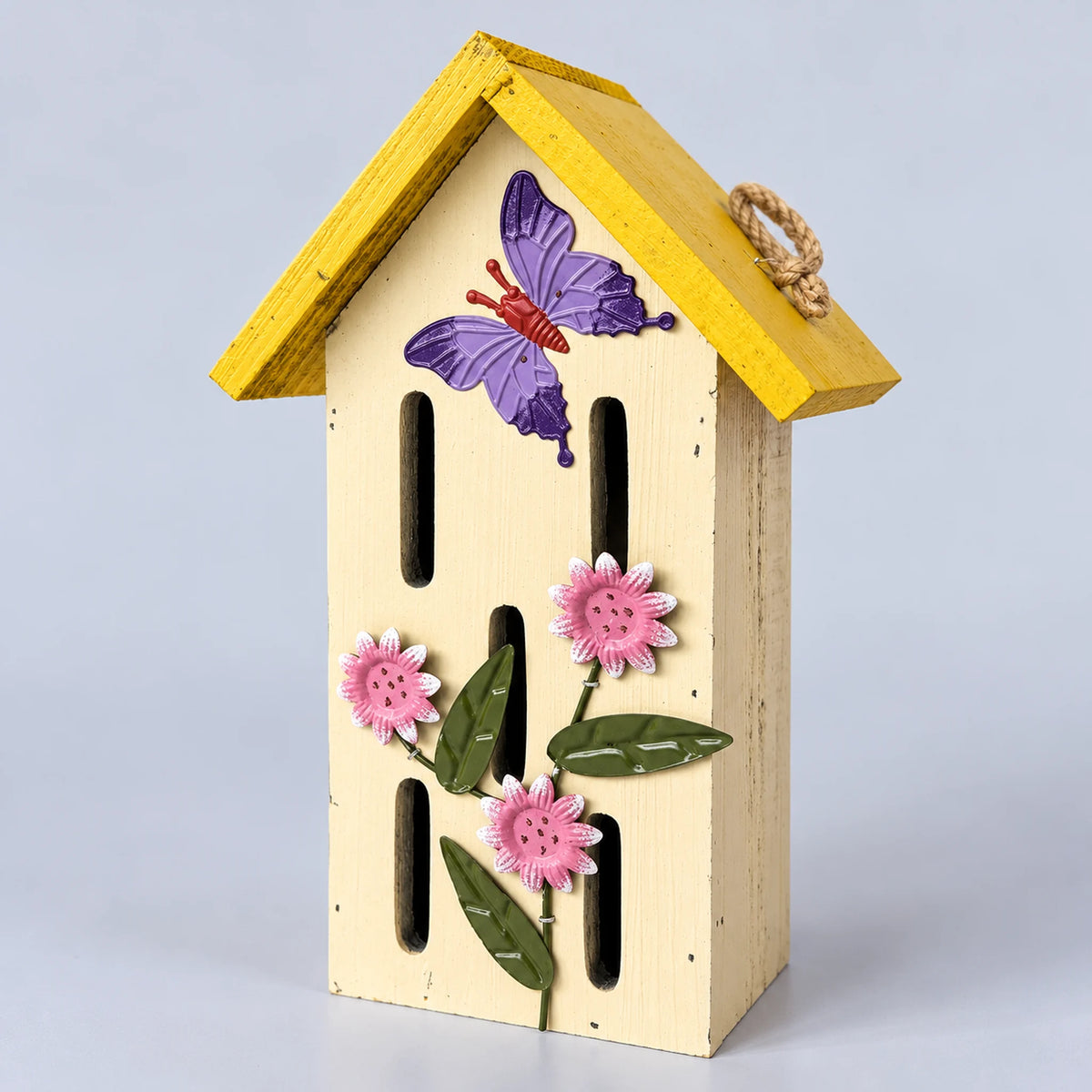 Wooden Butterfly House, White with Yellow Roof – 11.8 in Shelter