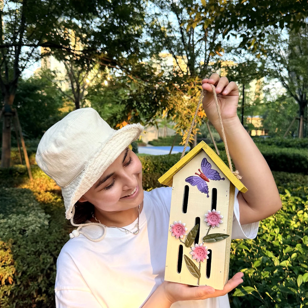 Wooden Butterfly House, White with Yellow Roof – 11.8 in Shelter